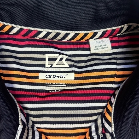 Cutter & Buck Shirt Mens Large Golf Polo Pink Orange Bright Stripes Moisture Wic - Picture 3 of 5